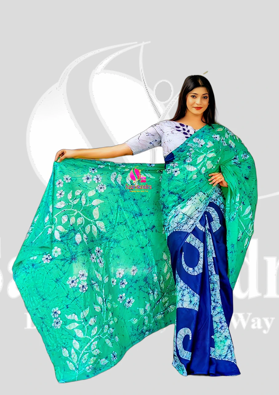 Batik Indian Premium Elegant Green & Navy Blue Floral Printed Batik Cotton Saree